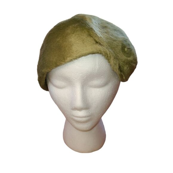 VINTAGE 50s chartreuse green furry‎ pillbox beret hat Montaldo's - Picture 3 of 8